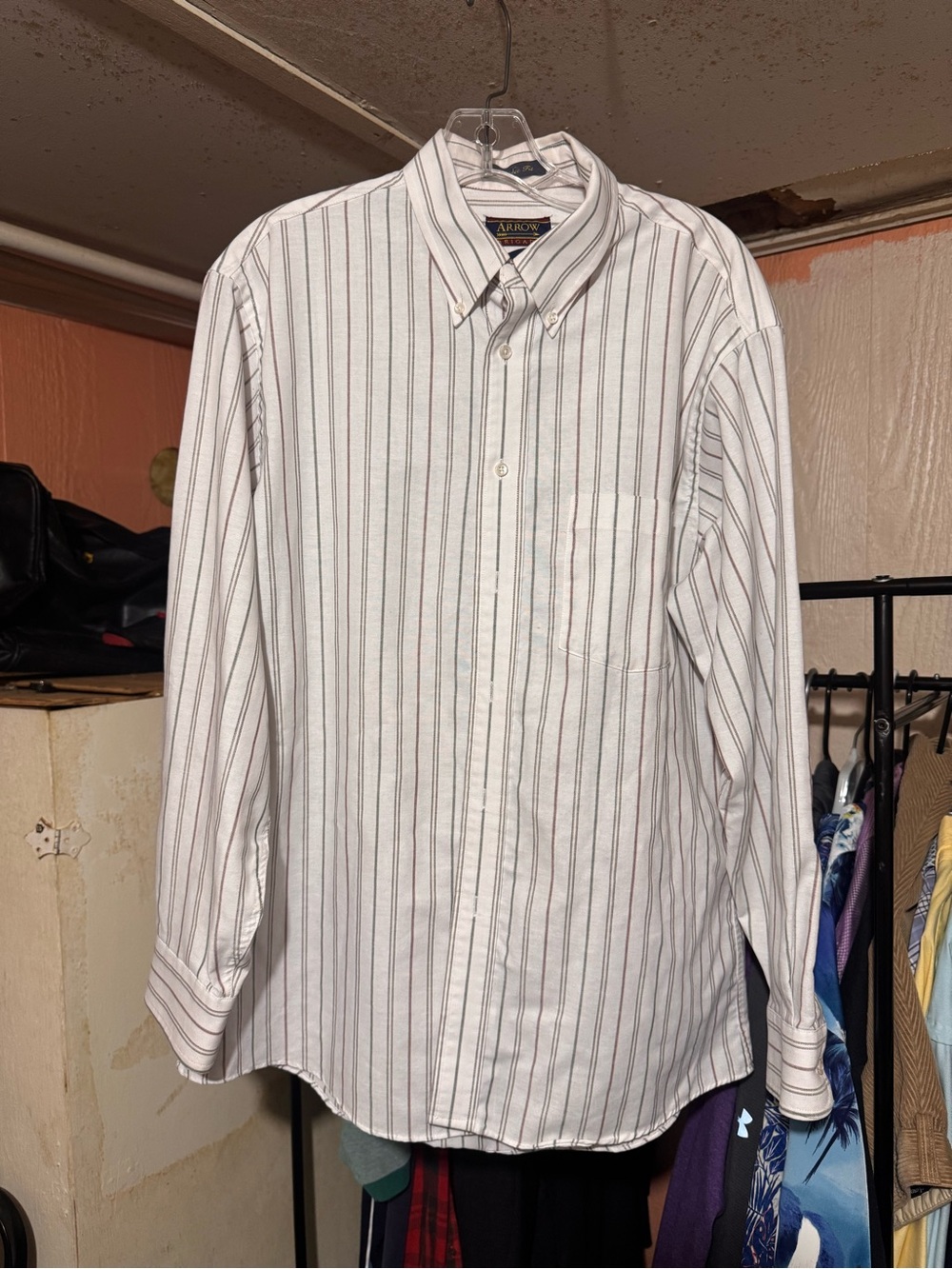Vintage Arrow Brigade Mens 18.5 32/33 White Striped Button Down Shirt made USA